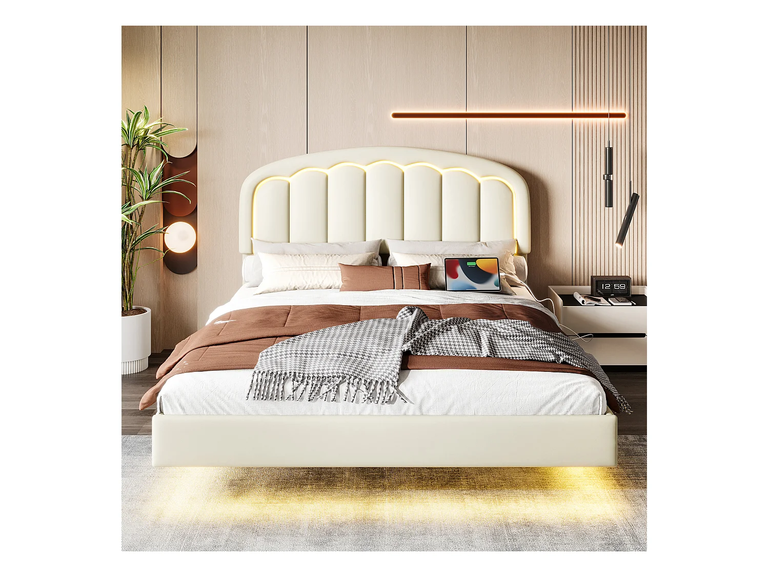 Letto moderno 160 x 200 cm con testiera a forma di fiore, design sospeso, LED e robusta struttura in metallo - Pratico contenitore sottoletto, Bianco (160 x 200 cm)