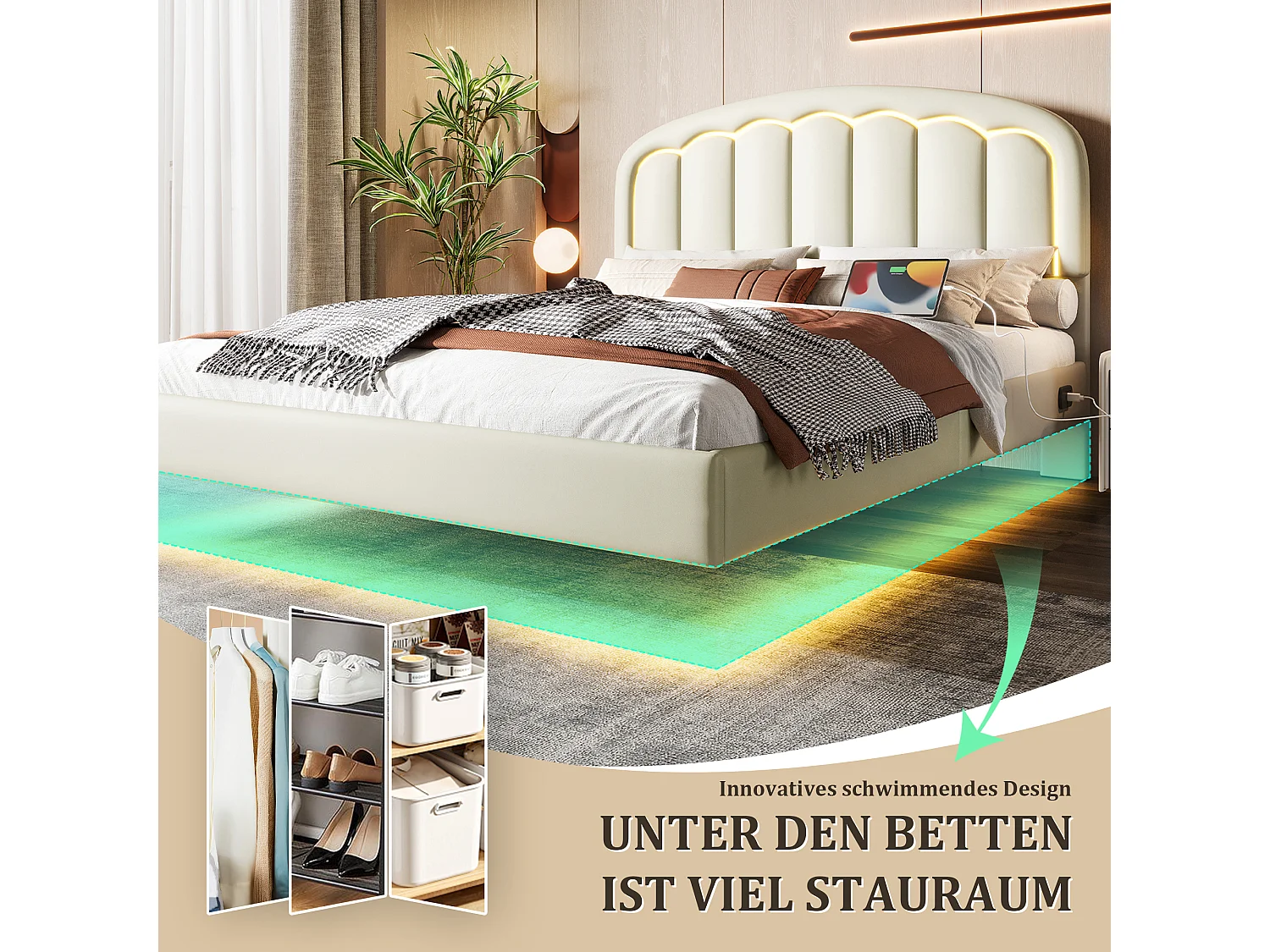 Letto moderno 160 x 200 cm con testiera a forma di fiore, design sospeso, LED e robusta struttura in metallo - Pratico contenitore sottoletto, Bianco (160 x 200 cm)