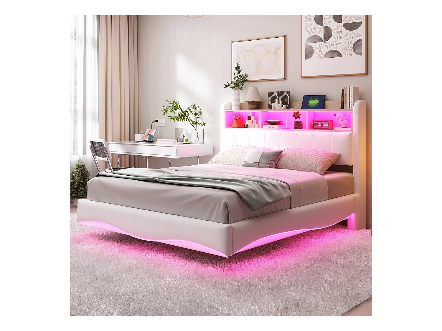 Lit suspendu 140x200 cm, LED, USB, Type-C, lin beige, multifonction, rangement (211.5x140x110.5 cm)