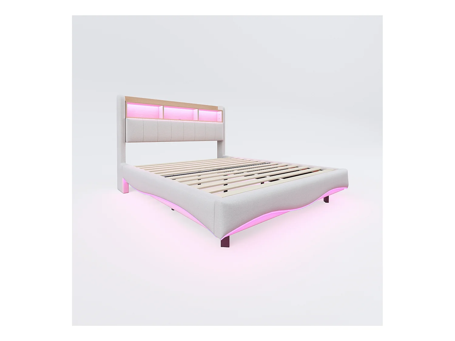 Lit suspendu 140x200 cm, LED, USB, Type-C, lin beige, multifonction, rangement (211.5x140x110.5 cm)