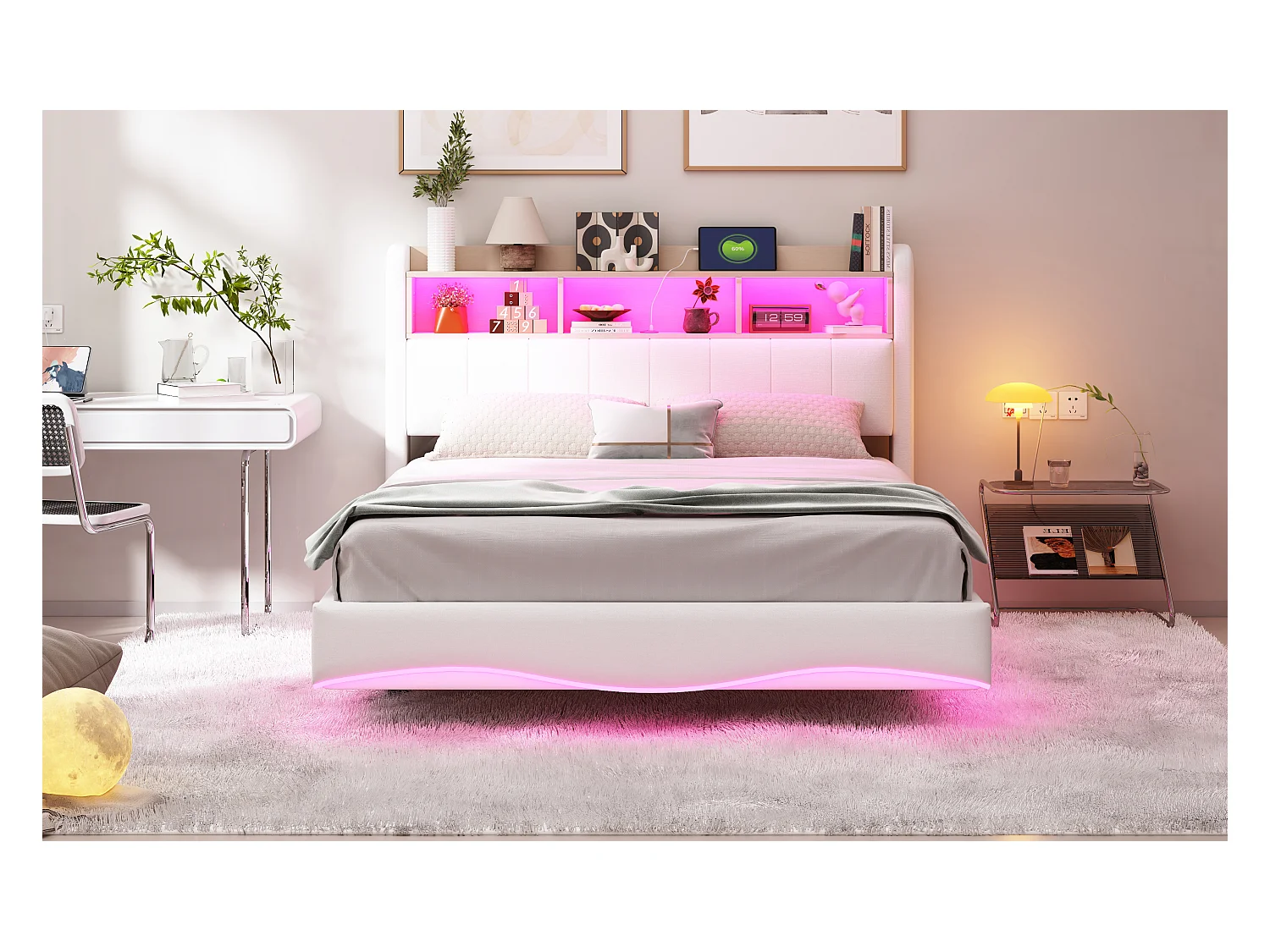 Lit suspendu 140x200 cm, LED, USB, Type-C, lin beige, multifonction, rangement (211.5x140x110.5 cm)