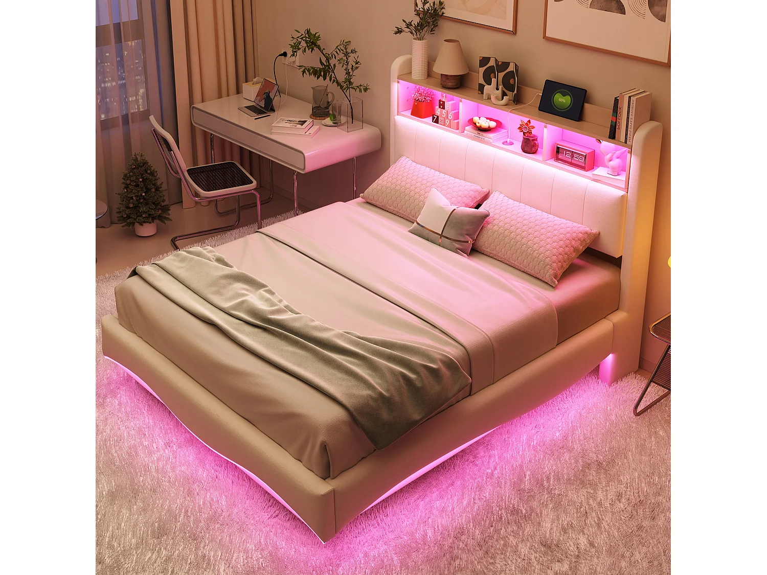 Lit suspendu 140x200 cm, LED, USB, Type-C, lin beige, multifonction, rangement (211.5x140x110.5 cm)