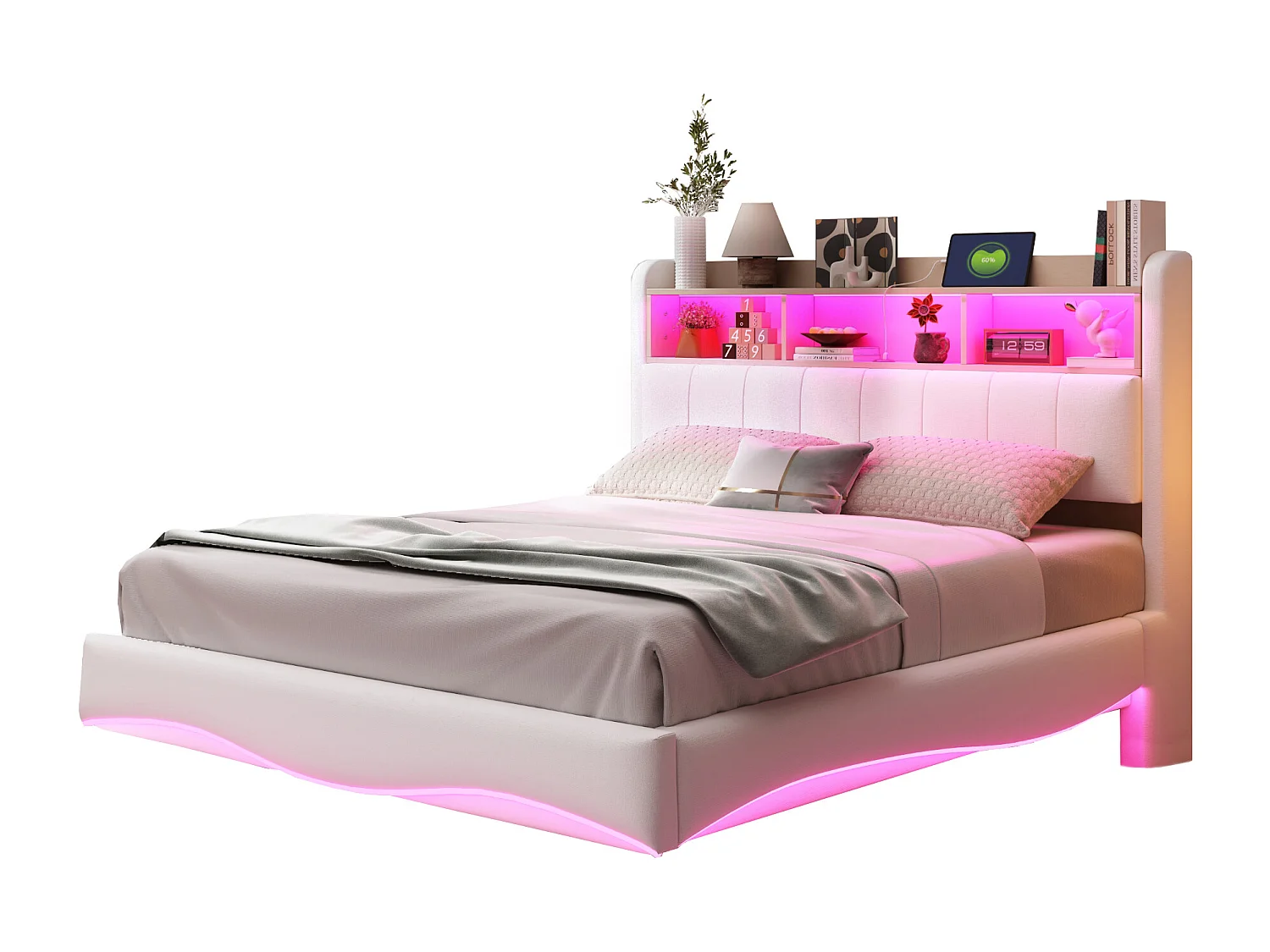 Lit suspendu 140x200 cm, LED, USB, Type-C, lin beige, multifonction, rangement (211.5x140x110.5 cm)