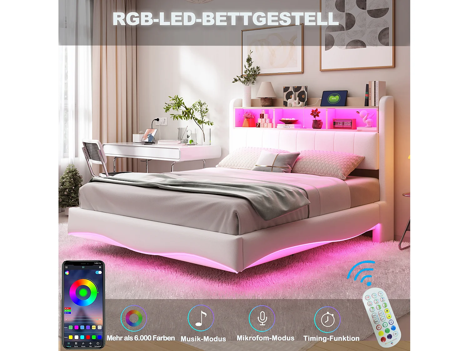 Lit suspendu 140x200 cm, LED, USB, Type-C, lin beige, multifonction, rangement (211.5x140x110.5 cm)