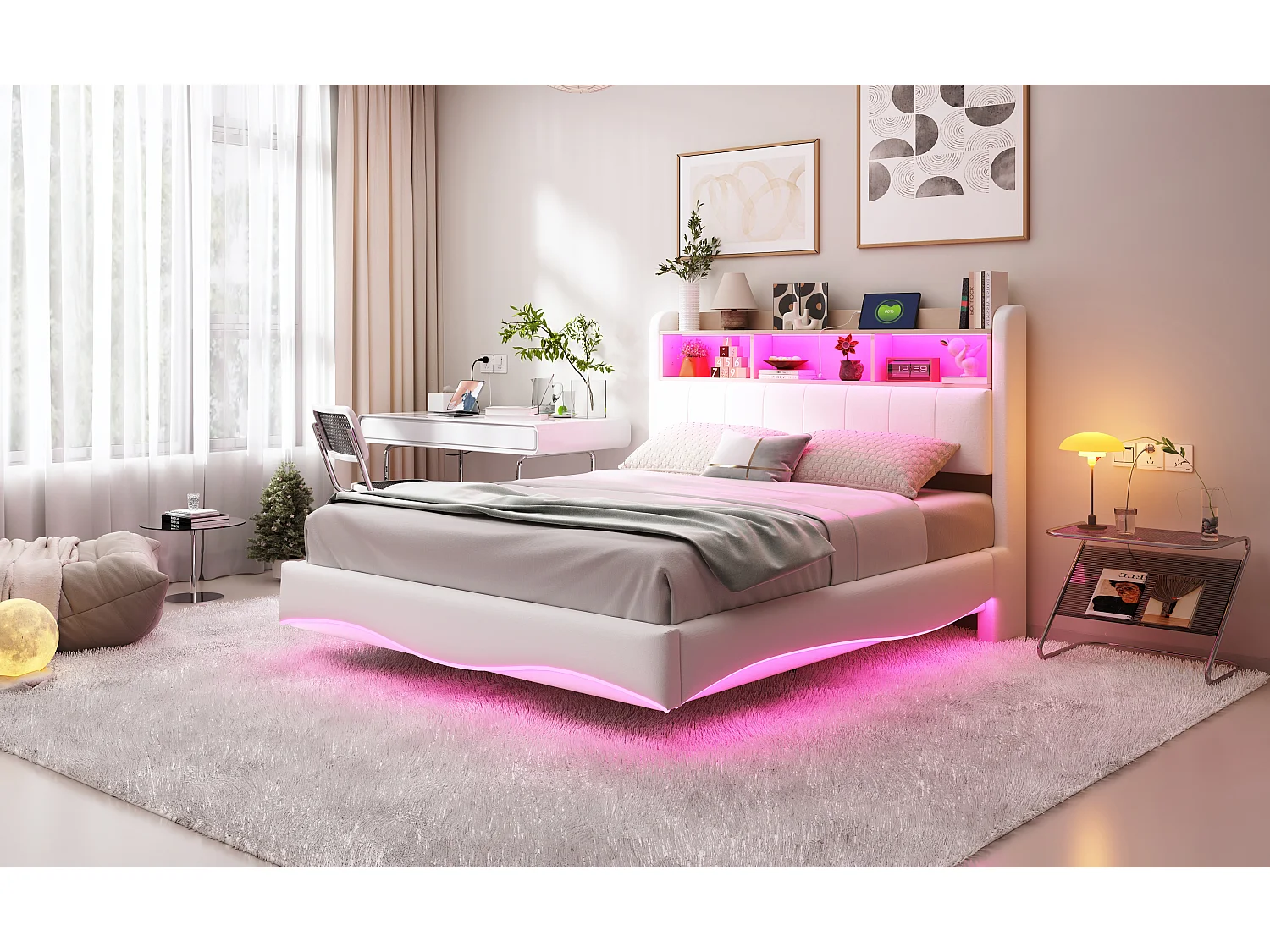 Lit suspendu 140x200 cm, LED, USB, Type-C, lin beige, multifonction, rangement (211.5x140x110.5 cm)