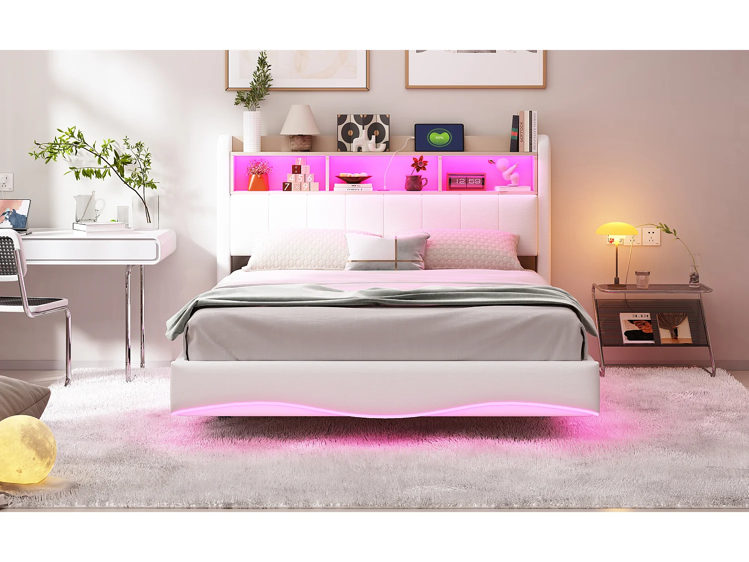 Lit suspendu 140x200 cm, LED, USB, Type-C, lin beige, multifonction, rangement (211.5x140x110.5 cm)