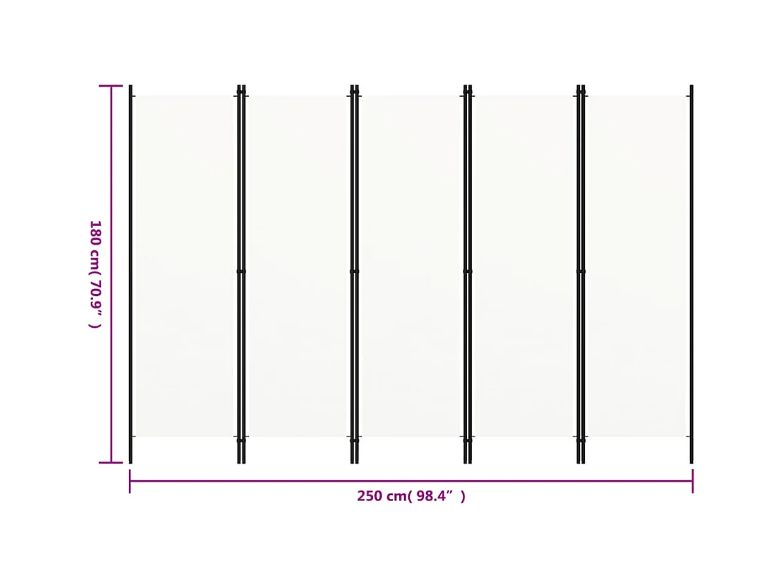 Parete divisoria a 5 pannelli, bianca, 250 x 180 cm