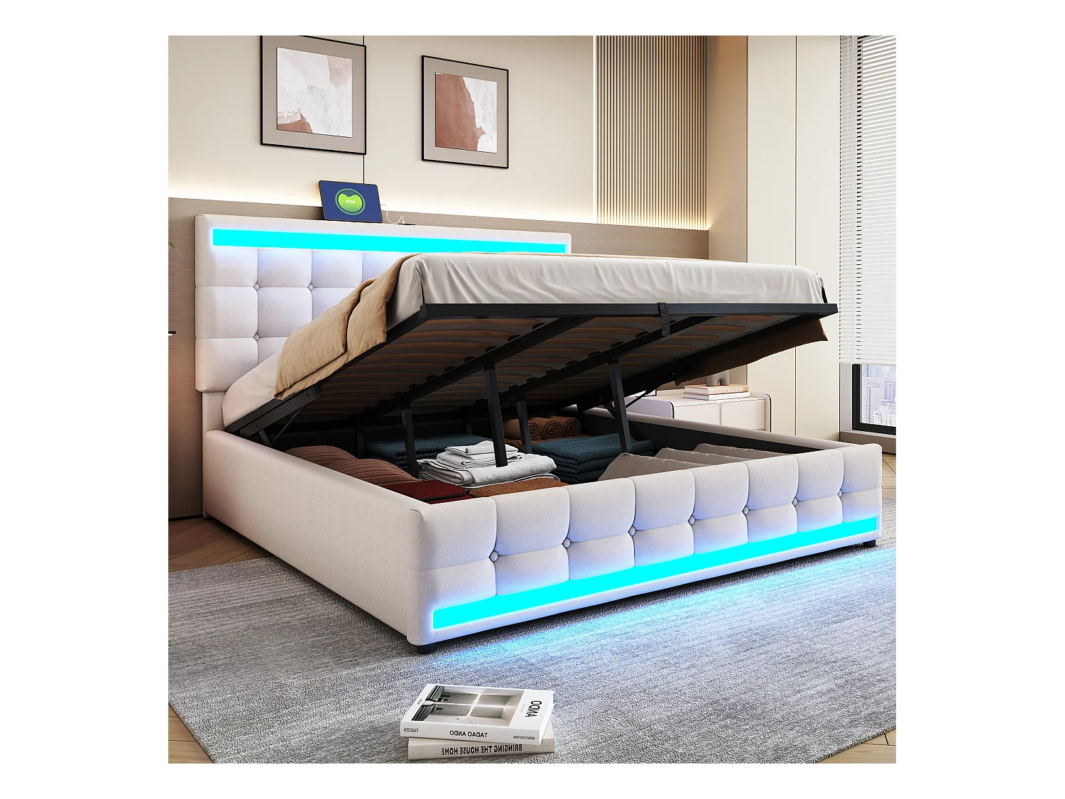 Lit 180x200 cm avec rangement, USB, et LED RGB, hydraulique, cadre en bois, beige (208x186x112 cm)