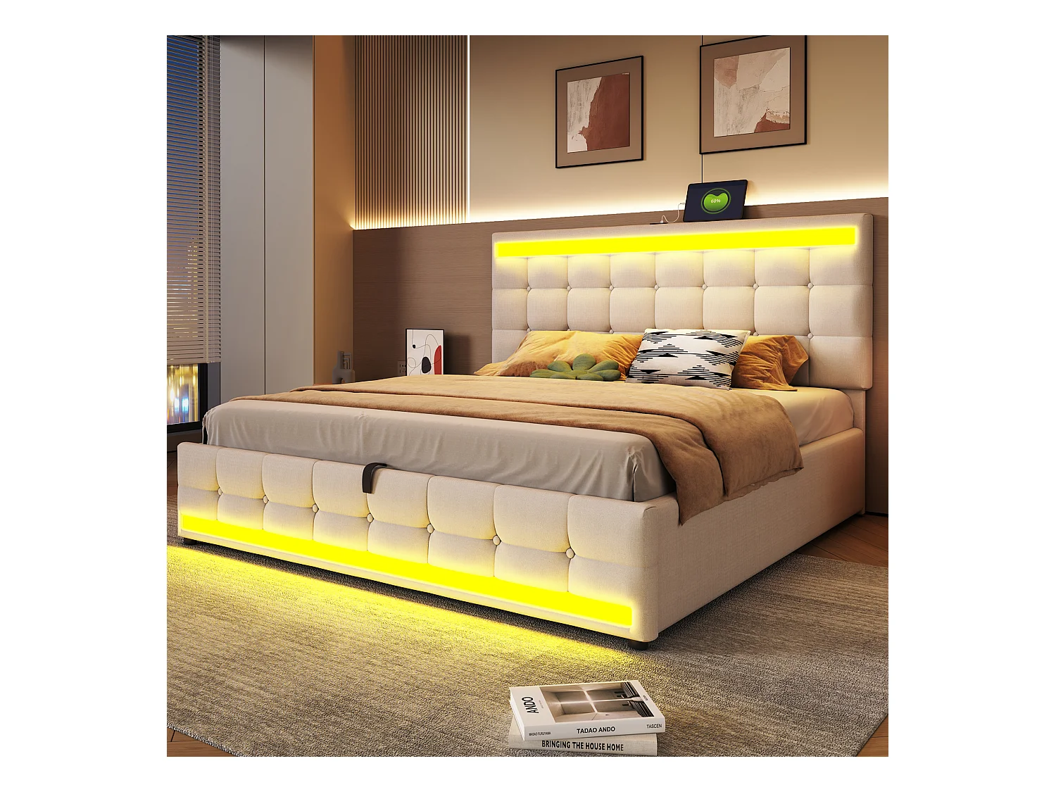 Lit 180x200 cm avec rangement, USB, et LED RGB, hydraulique, cadre en bois, beige (208x186x112 cm)