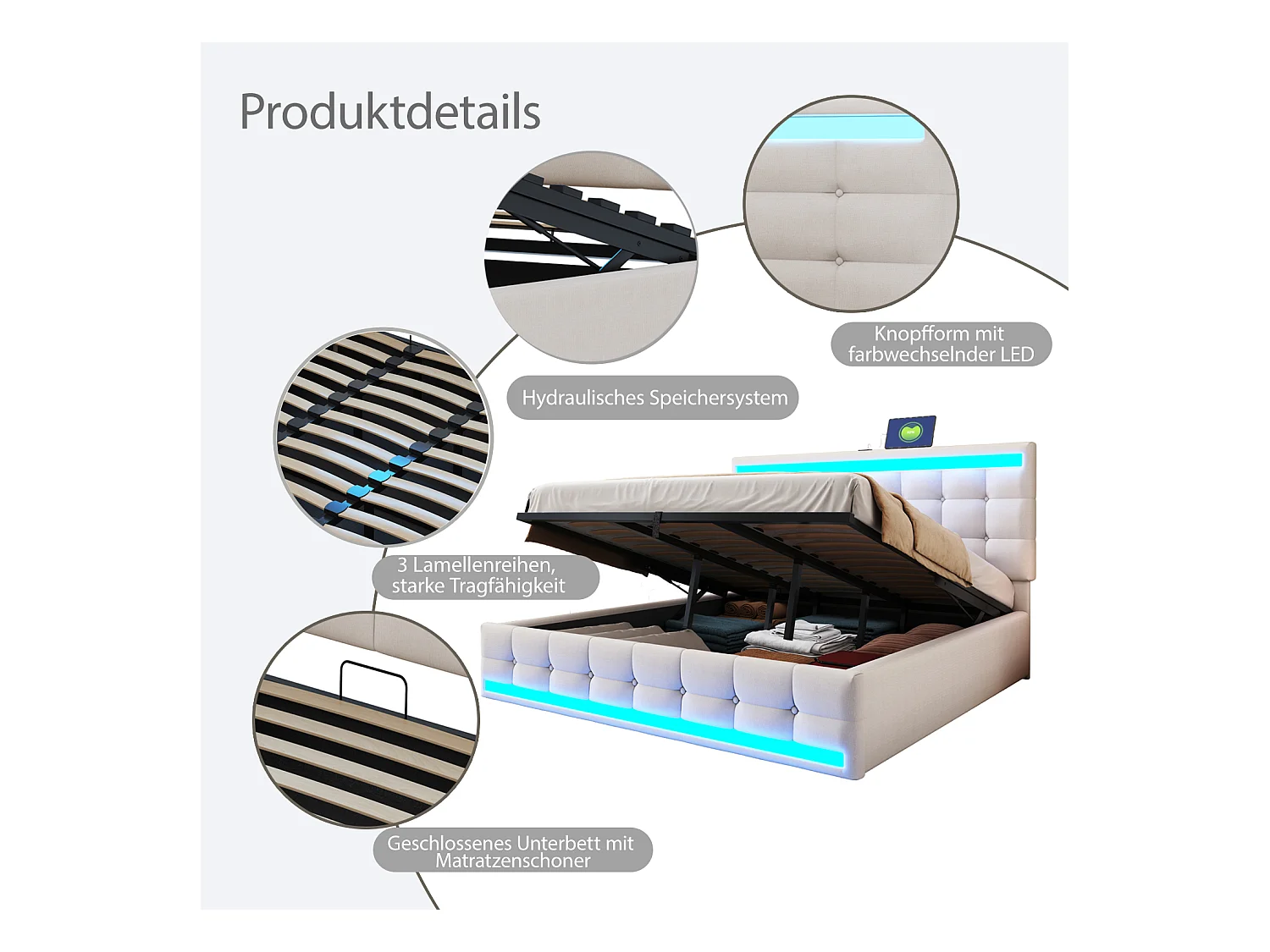 Lit 180x200 cm avec rangement, USB, et LED RGB, hydraulique, cadre en bois, beige (208x186x112 cm)