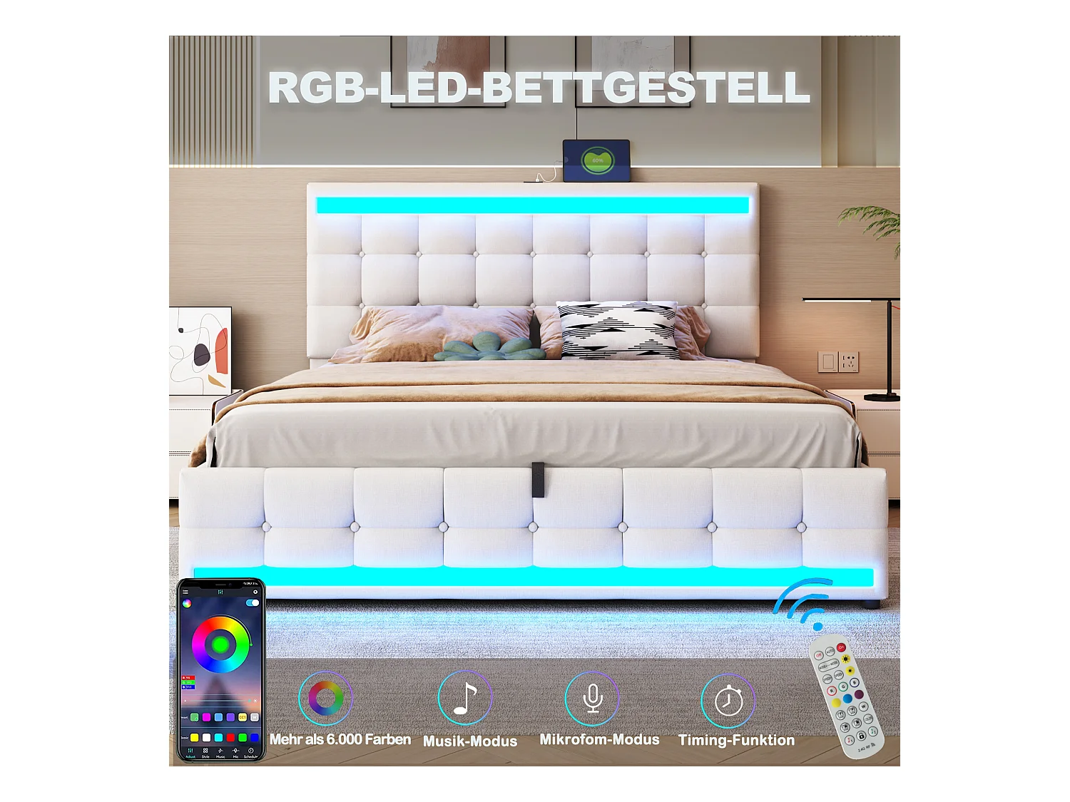 Lit 180x200 cm avec rangement, USB, et LED RGB, hydraulique, cadre en bois, beige (208x186x112 cm)