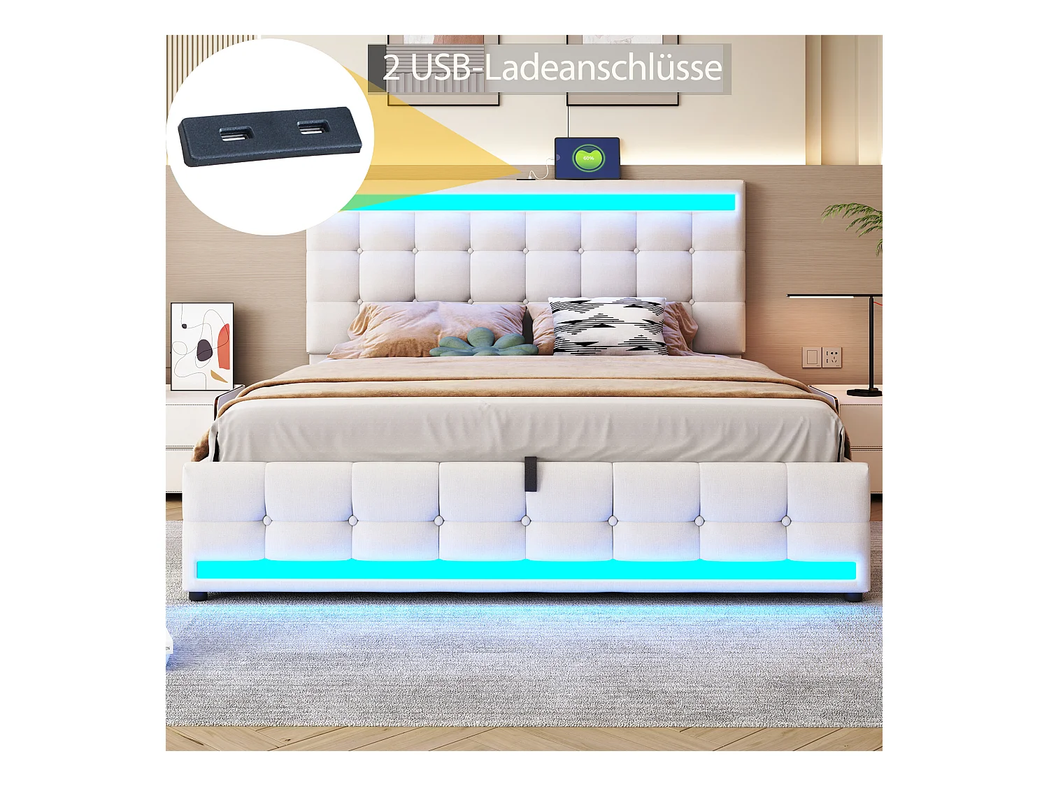 Lit 180x200 cm avec rangement, USB, et LED RGB, hydraulique, cadre en bois, beige (208x186x112 cm)