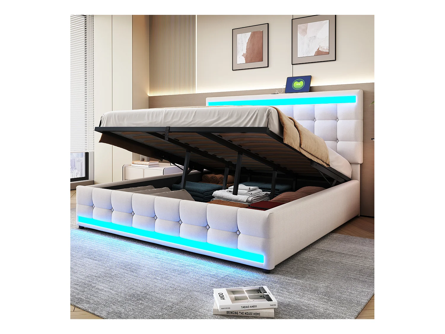 Lit 180x200 cm avec rangement, USB, et LED RGB, hydraulique, cadre en bois, beige (208x186x112 cm)