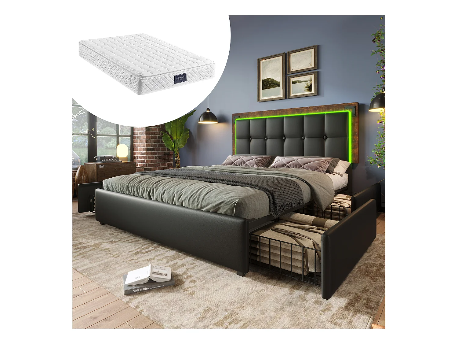 Cama 160x200 cm con LED, 4 cajones, cabecero regulable, estructura de metal, PU Negro, con colchón