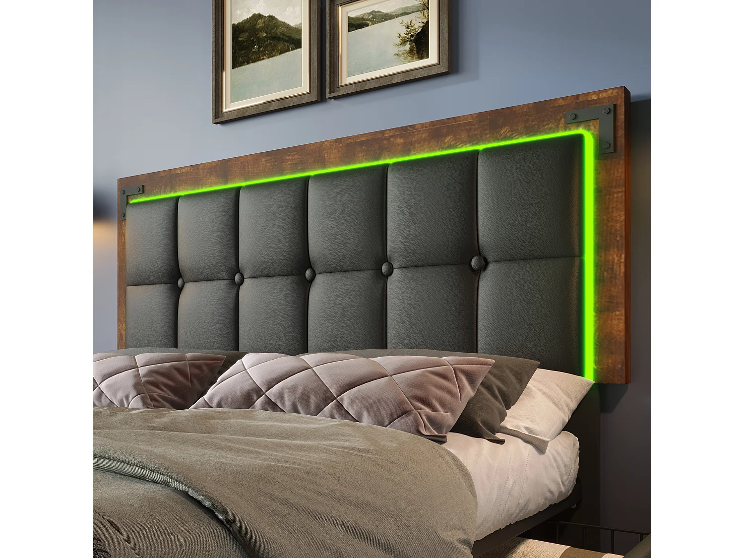 Cama 160x200 cm con LED, 4 cajones, cabecero regulable, estructura de metal, PU Negro, con colchón