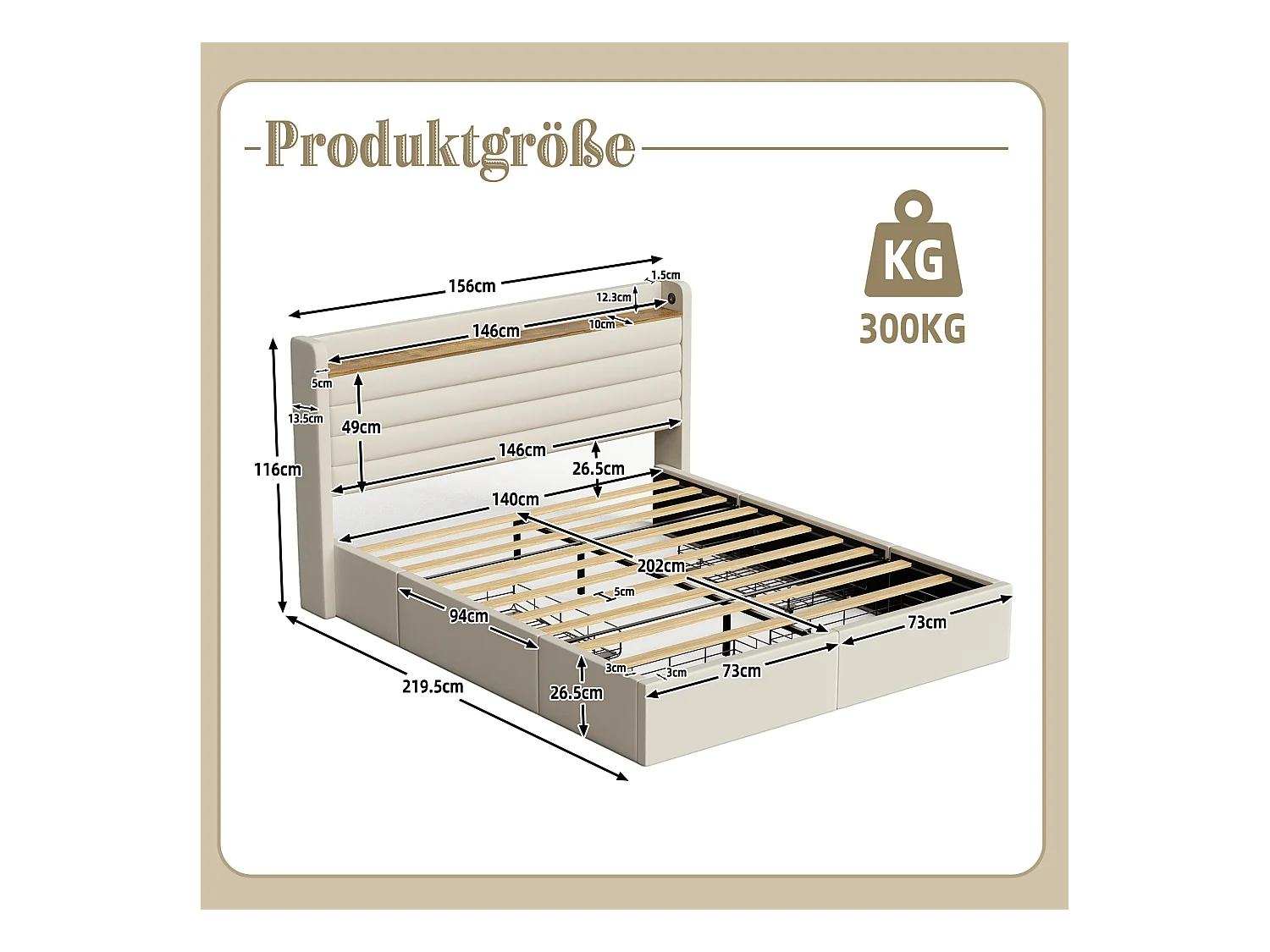 Lit 140 x 200 cm, Design Moderne, Tête de Lit en Velours, USB, 4 Tiroirs de Rangement, Beige (216 x 150 x 116 cm)