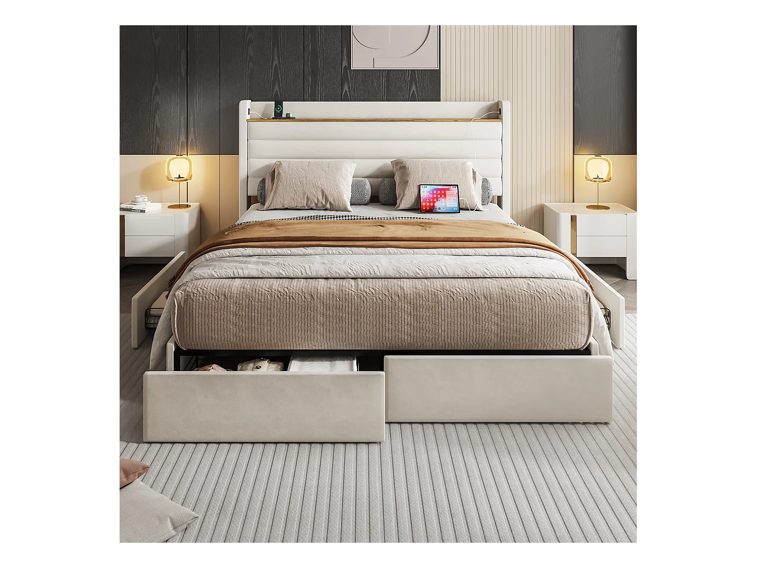 Lit 140 x 200 cm, Design Moderne, Tête de Lit en Velours, USB, 4 Tiroirs de Rangement, Beige (216 x 150 x 116 cm)