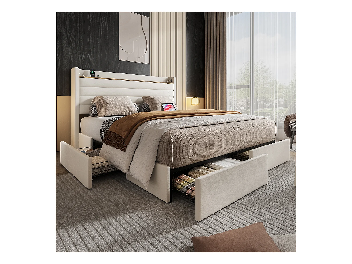 Lit 140 x 200 cm, Design Moderne, Tête de Lit en Velours, USB, 4 Tiroirs de Rangement, Beige (216 x 150 x 116 cm)