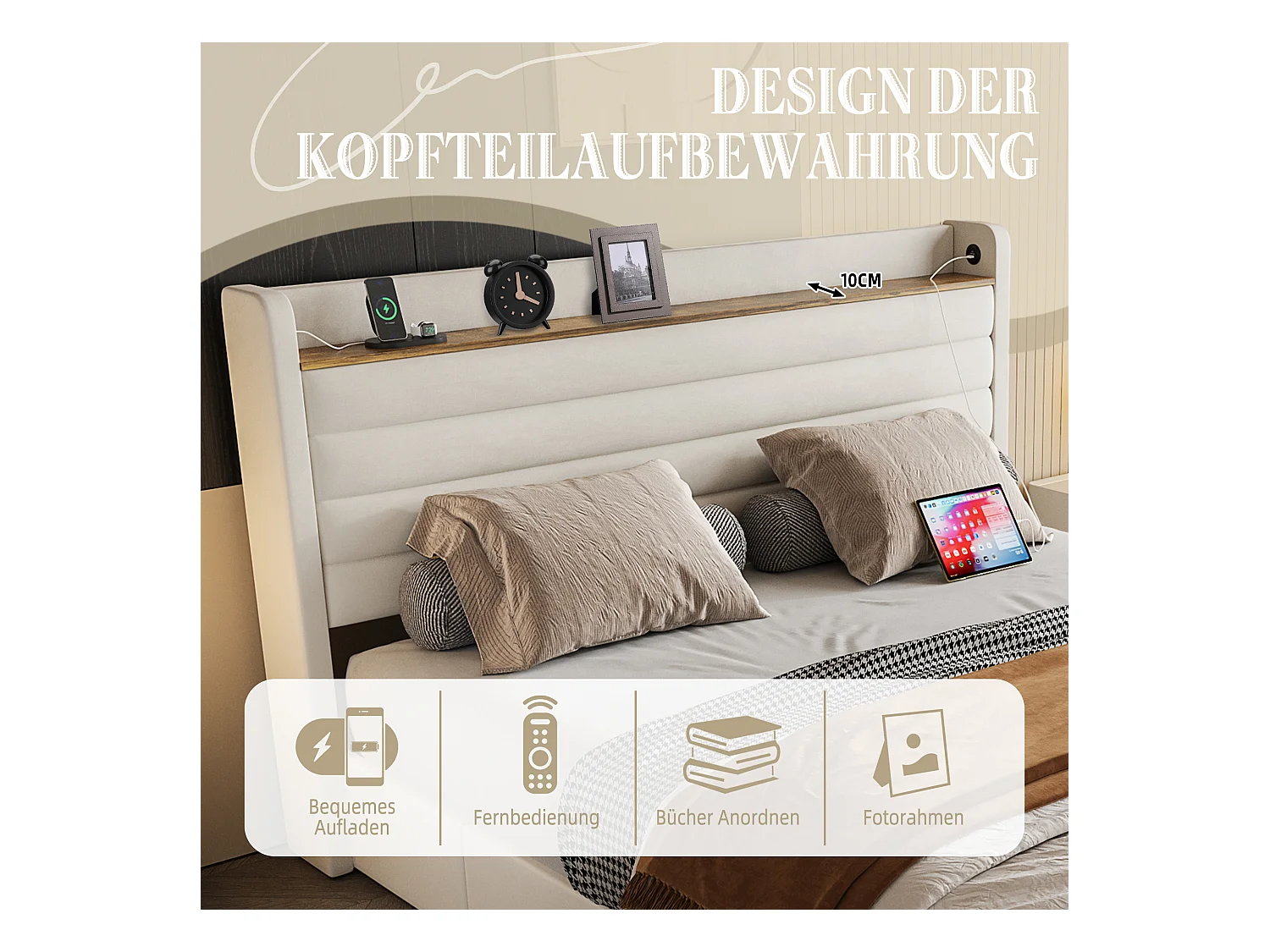 Lit 140 x 200 cm, Design Moderne, Tête de Lit en Velours, USB, 4 Tiroirs de Rangement, Beige (216 x 150 x 116 cm)