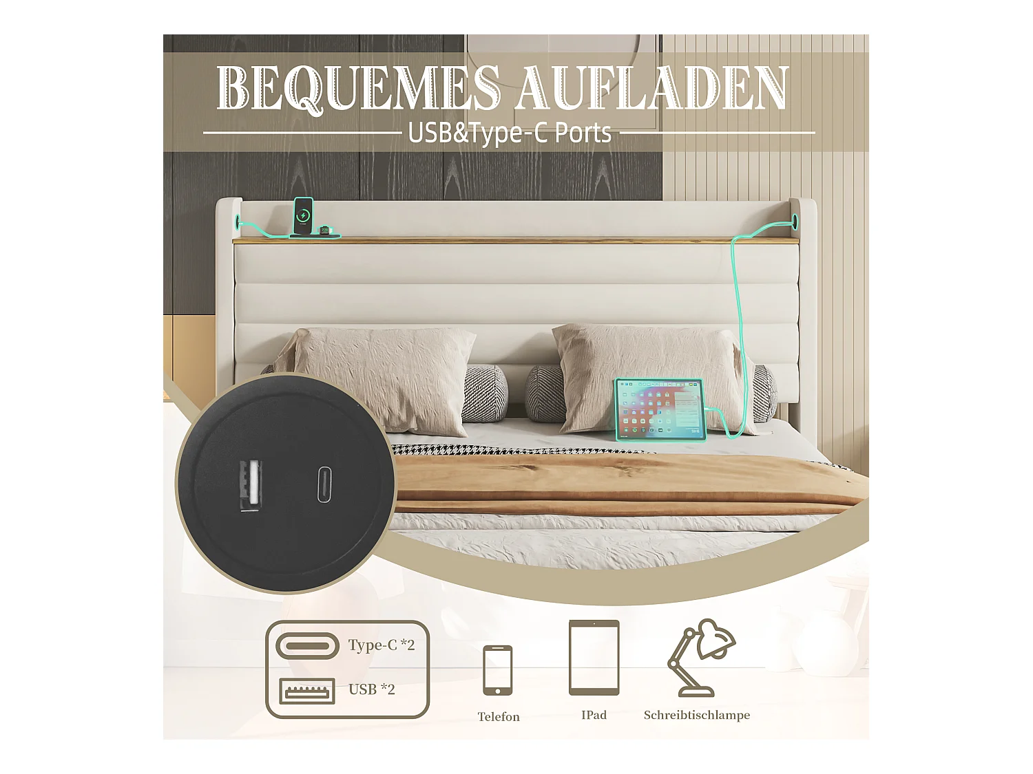 Lit 140 x 200 cm, Design Moderne, Tête de Lit en Velours, USB, 4 Tiroirs de Rangement, Beige (216 x 150 x 116 cm)