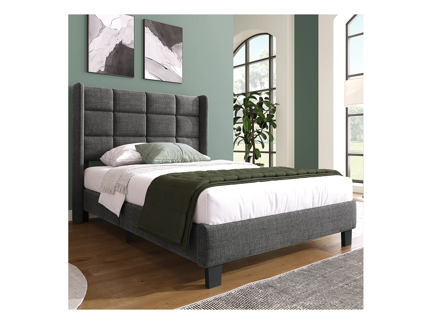 Letto singolo imbottito dal design moderno, testiera imbottita, lino grigio (97x208x111cm)