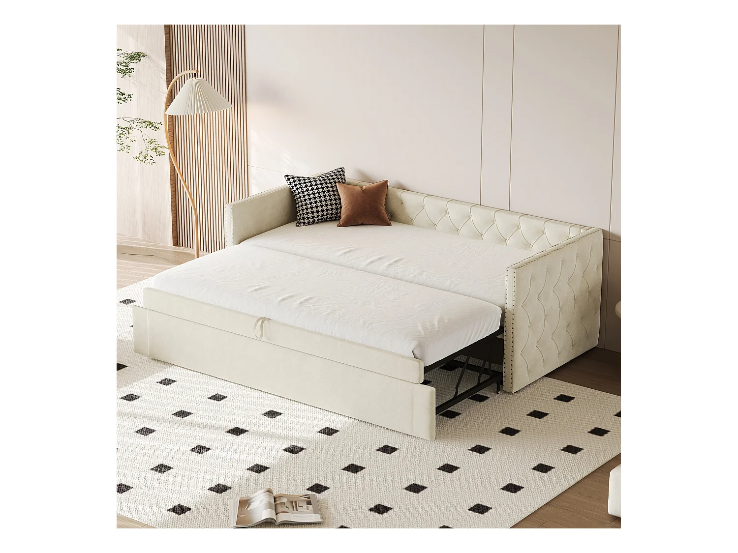 Multifunctioneel omvormbaar bed, beige fluweel, metalen frame, met lattenbodem (215x96,5x74 cm)
