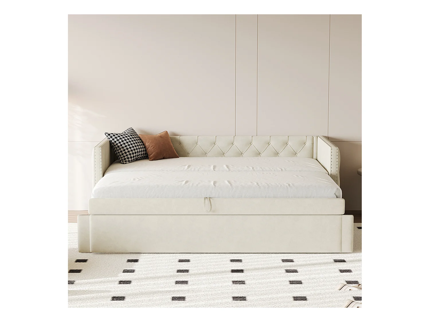 Multifunctioneel omvormbaar bed, beige fluweel, metalen frame, met lattenbodem (215x96,5x74 cm)