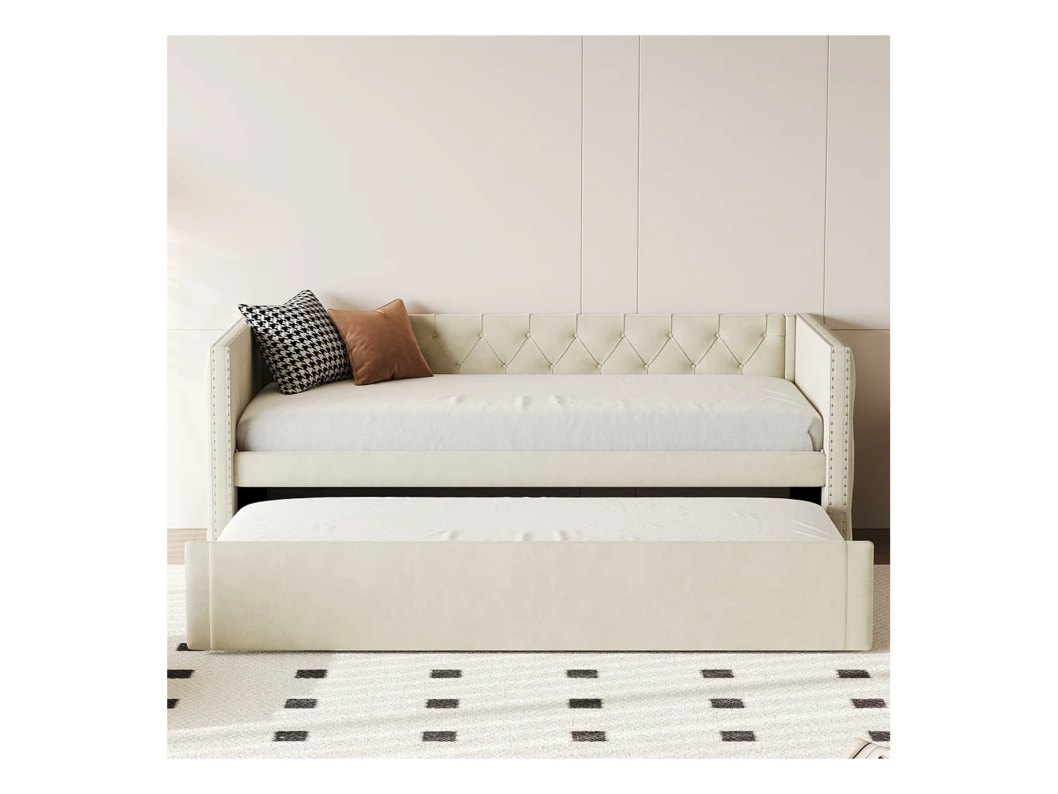 Multifunctioneel omvormbaar bed, beige fluweel, metalen frame, met lattenbodem (215x96,5x74 cm)