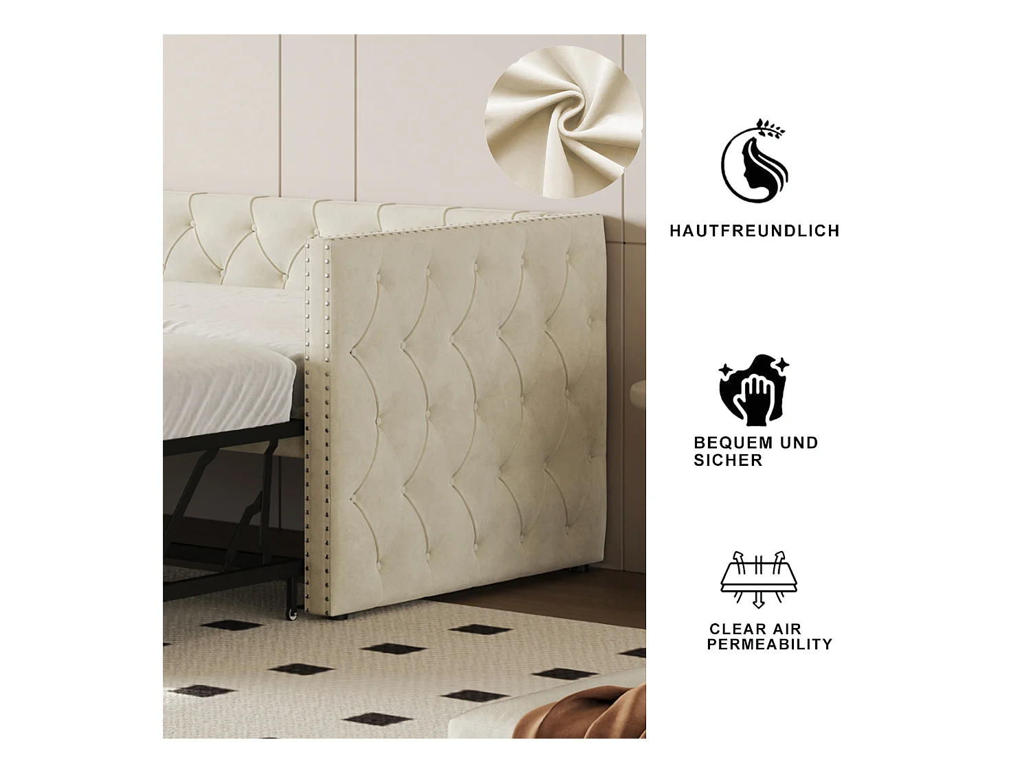 Multifunctioneel omvormbaar bed, beige fluweel, metalen frame, met lattenbodem (215x96,5x74 cm)