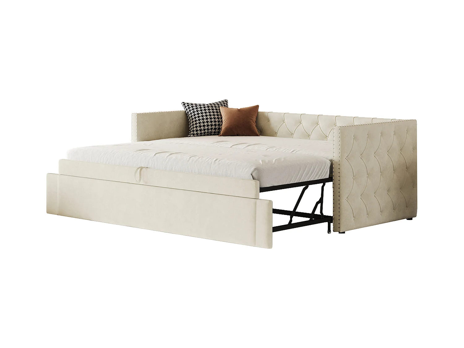 Multifunctioneel omvormbaar bed, beige fluweel, metalen frame, met lattenbodem (215x96,5x74 cm)
