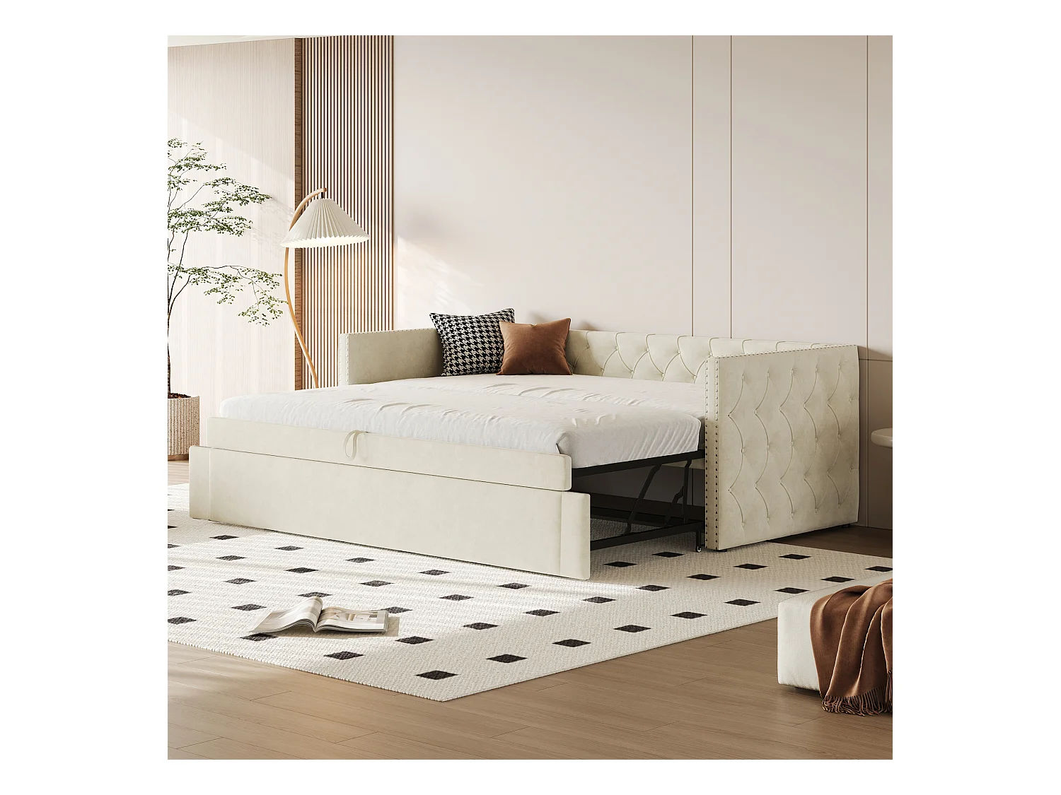 Lit convertible multifonction, velours beige, cadre métallique, avec sommier à lattes (215x96.5x74 cm)
