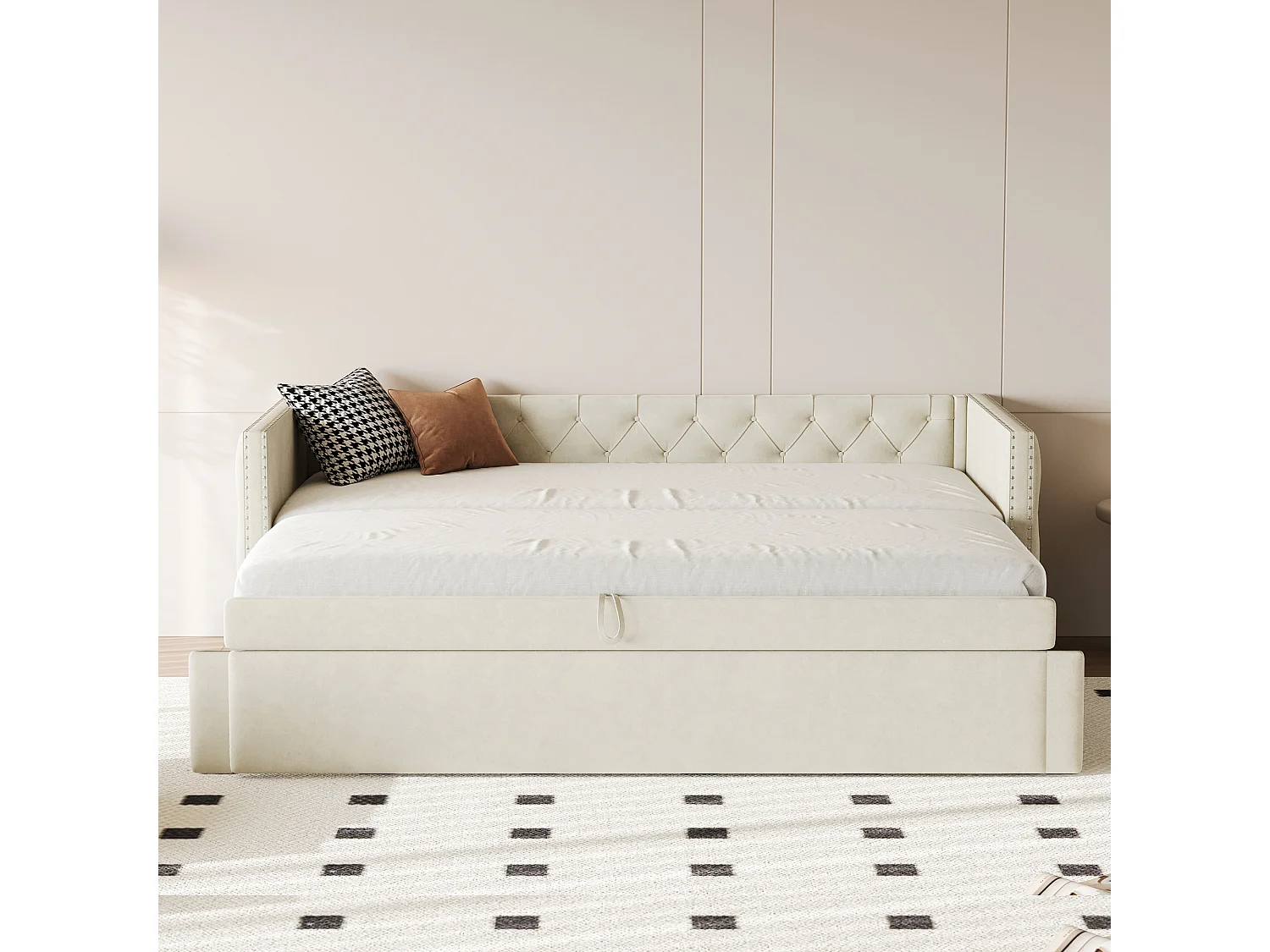 Lit convertible multifonction, velours beige, cadre métallique, avec sommier à lattes (215x96.5x74 cm)