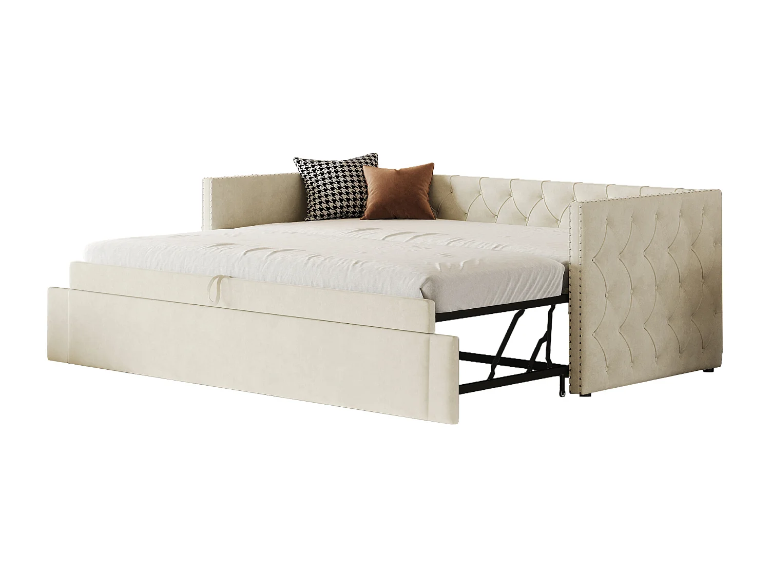 Lit convertible multifonction, velours beige, cadre métallique, avec sommier à lattes (215x96.5x74 cm)