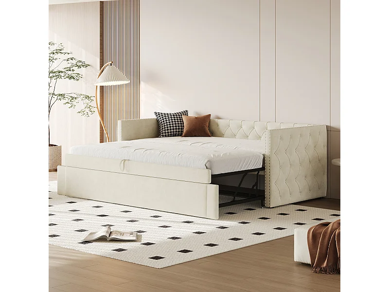 Letto trasformabile multifunzionale in velluto beige, struttura in metallo, con rete a doghe (215x96,5x74 cm)