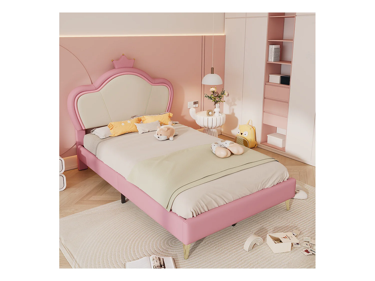 Lit enfant avec tête de lit couronnée, protection douce, pieds métalliques, PU, Rose + Blanc, 90x200cm