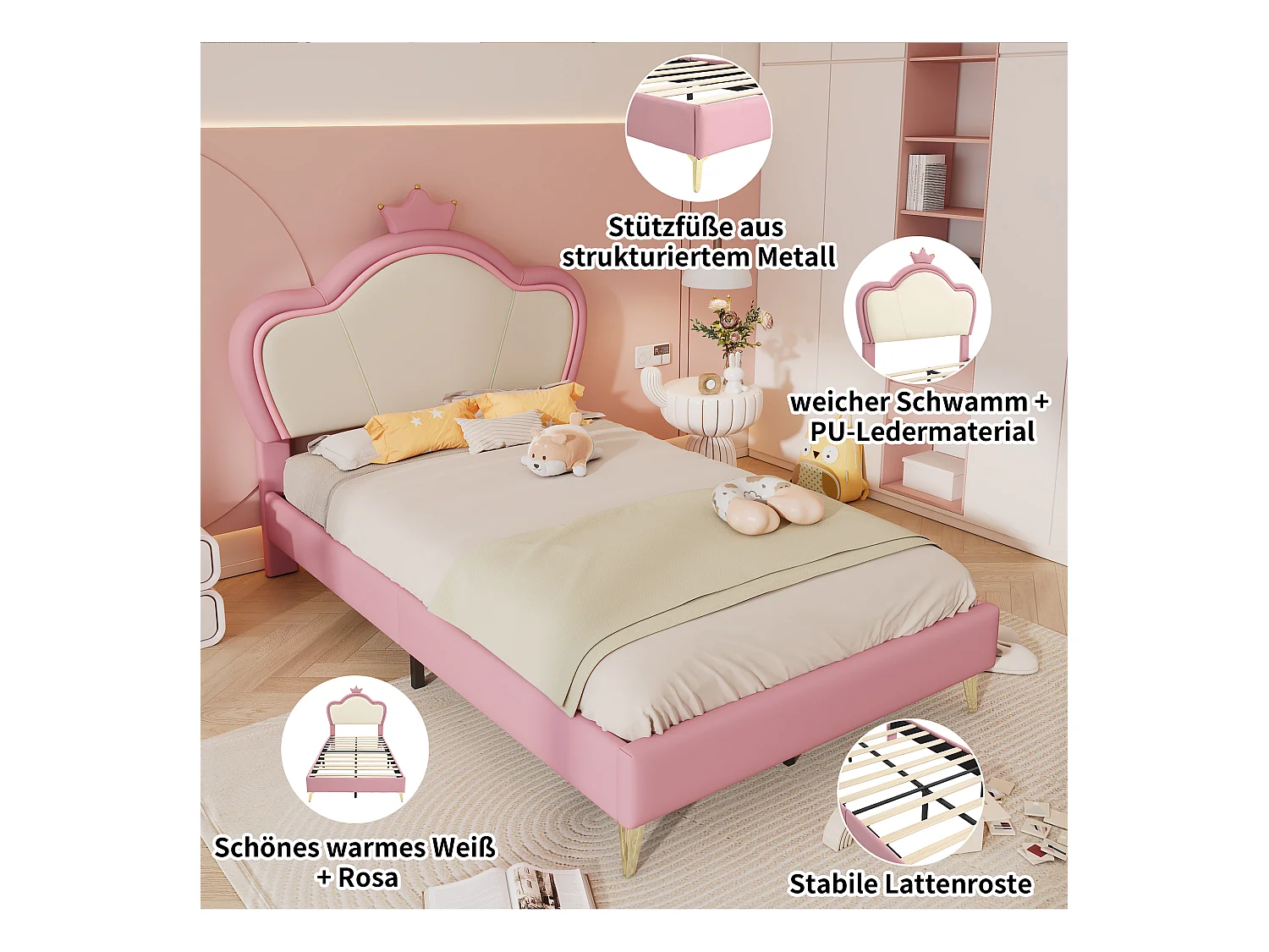 Lit enfant avec tête de lit couronnée, protection douce, pieds métalliques, PU, Rose + Blanc, 90x200cm