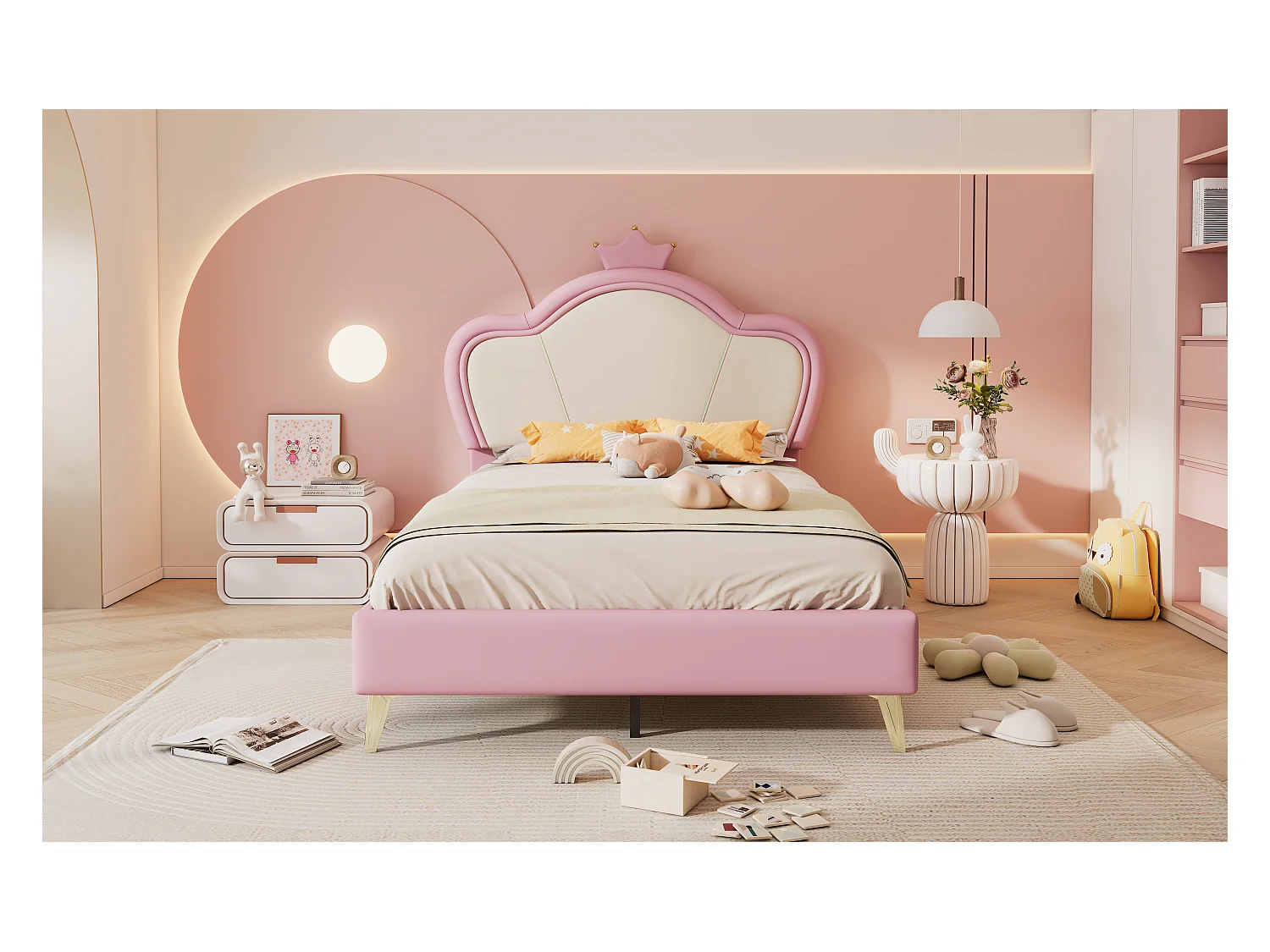 Lit enfant avec tête de lit couronnée, protection douce, pieds métalliques, PU, Rose + Blanc, 90x200cm