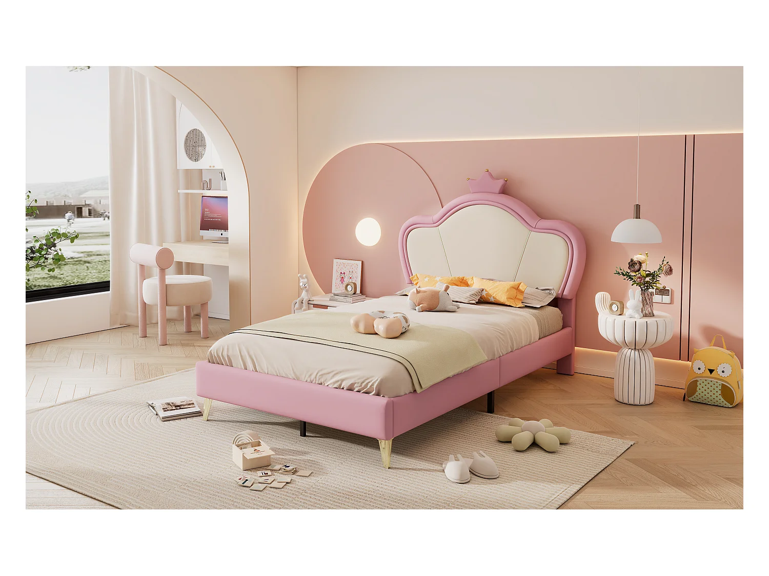 Lit enfant avec tête de lit couronnée, protection douce, pieds métalliques, PU, Rose + Blanc, 90x200cm