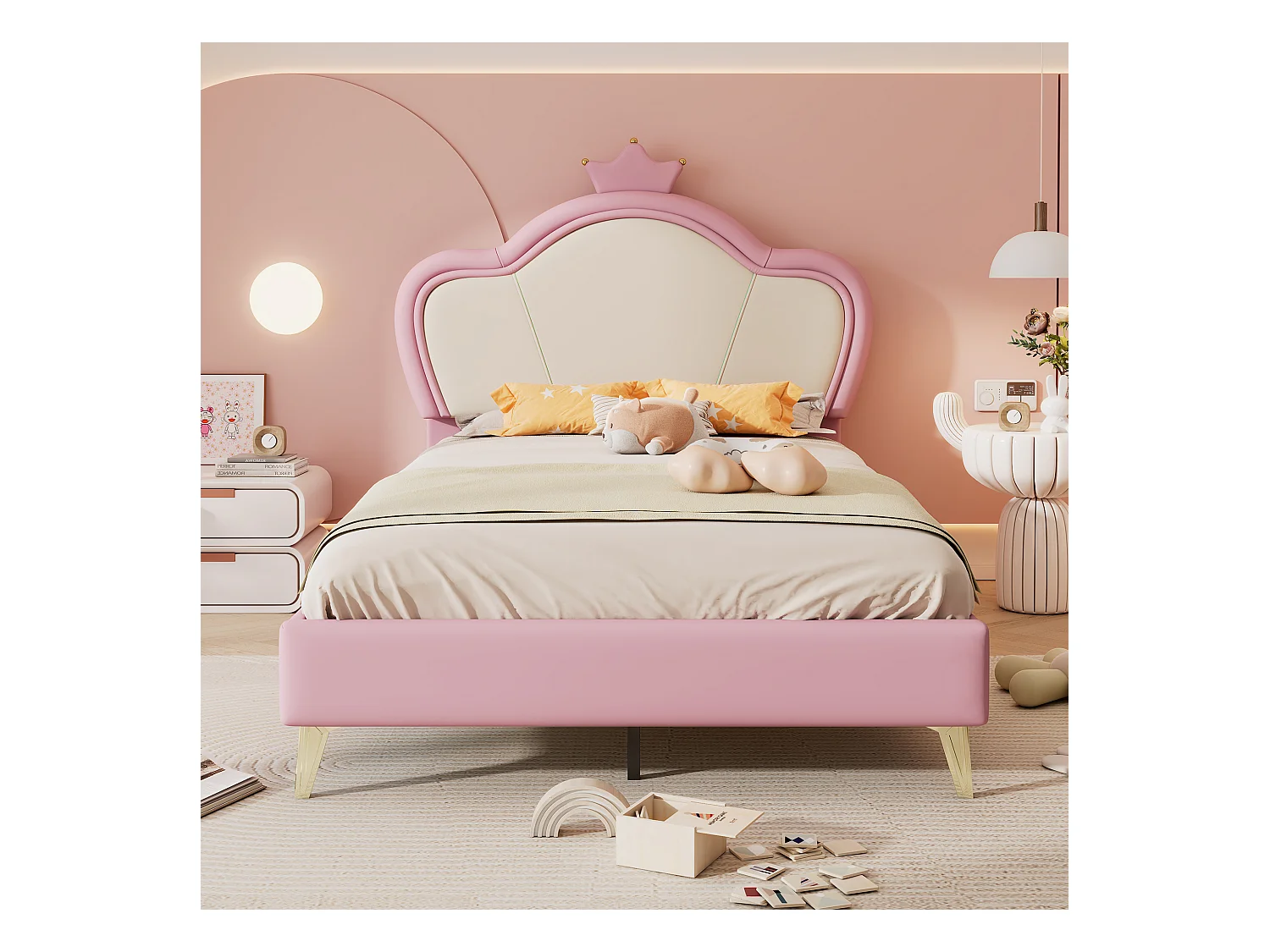 Cama infantil con cabecero corona, protección suave, patas de metal, PU, Rosa + Blanco, 90x200cm