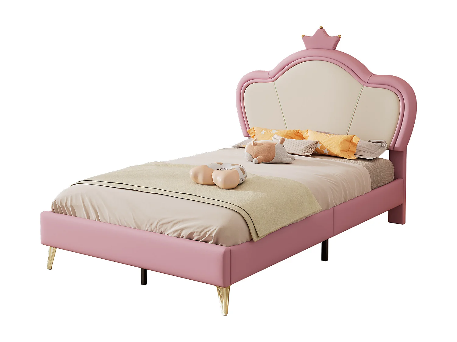 Lit enfant avec tête de lit couronnée, protection douce, pieds métalliques, PU, Rose + Blanc, 90x200cm