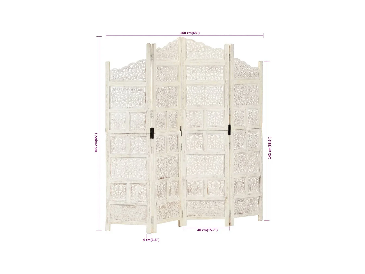 Parete divisoria a 4 pannelli Bianco 160x165 cm Legno di mango