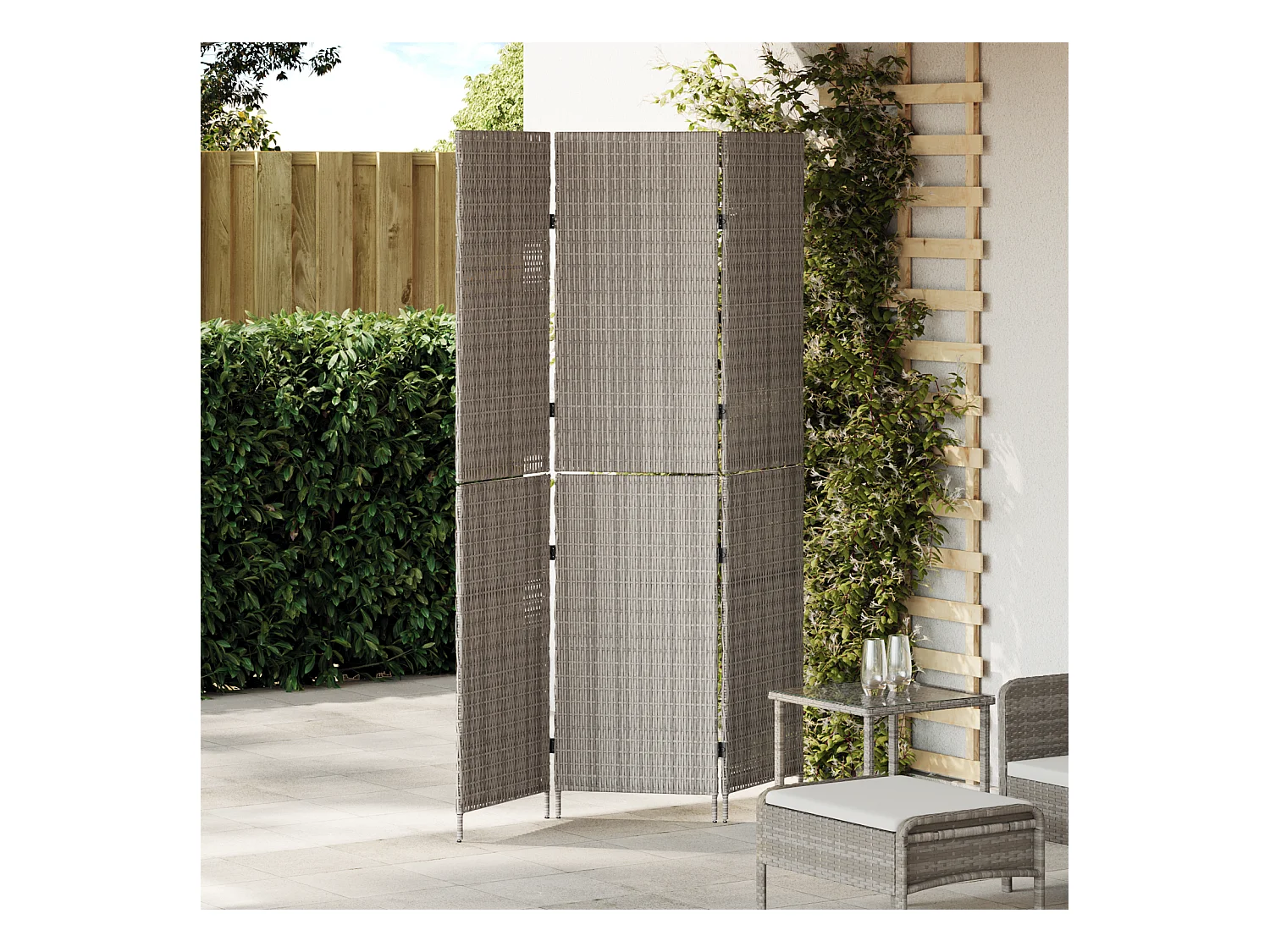 Paravent 3 Panneaux Pliable Gris 147x180 cm Rattan Poly
