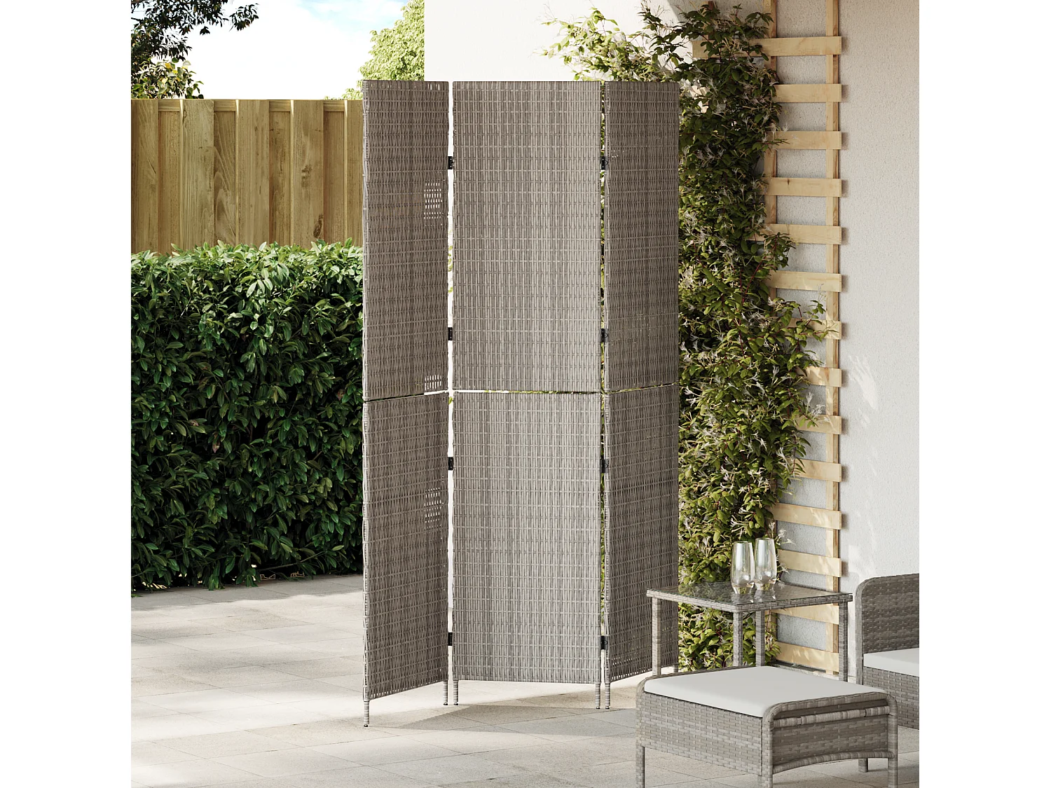 Paravent 3 Panneaux Pliable Gris 147x180 cm Rattan Poly