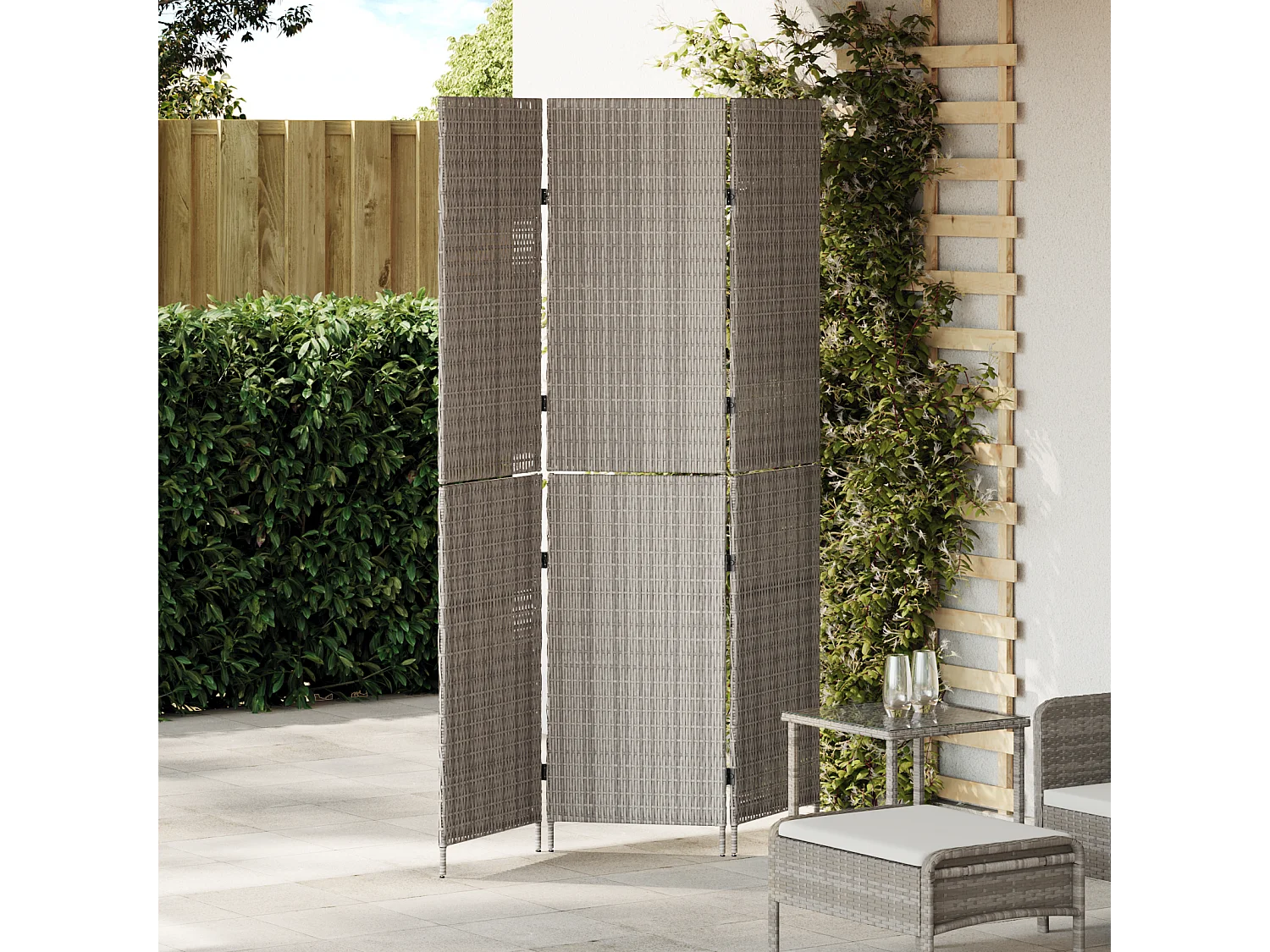 Paravent 3 Panneaux Pliable Gris 147x180 cm Rattan Poly