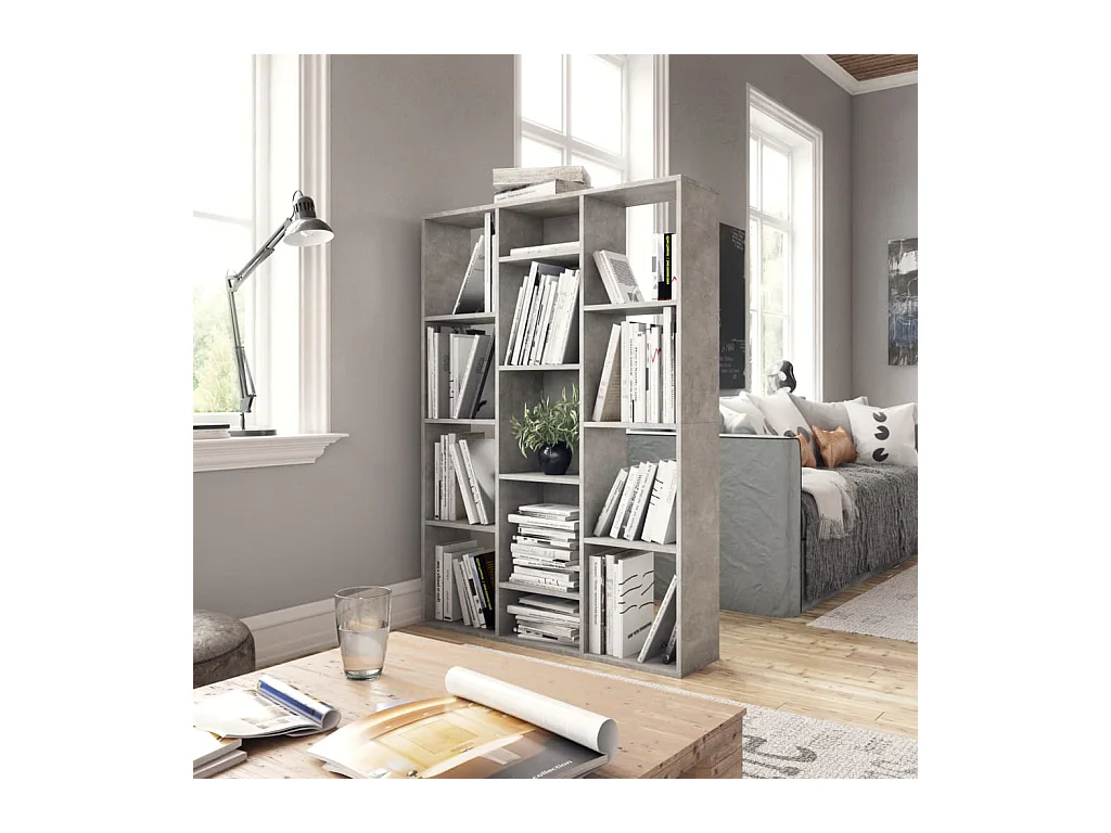 Divisorio/Libreria in legno ingegnerizzato grigio cemento