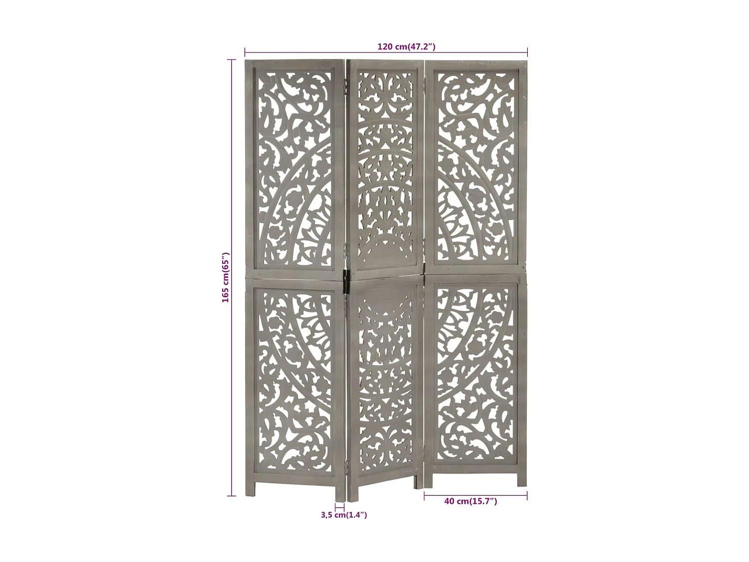 Cloison de séparation 3 panneaux Gris 120x165 cm Bois manguier
