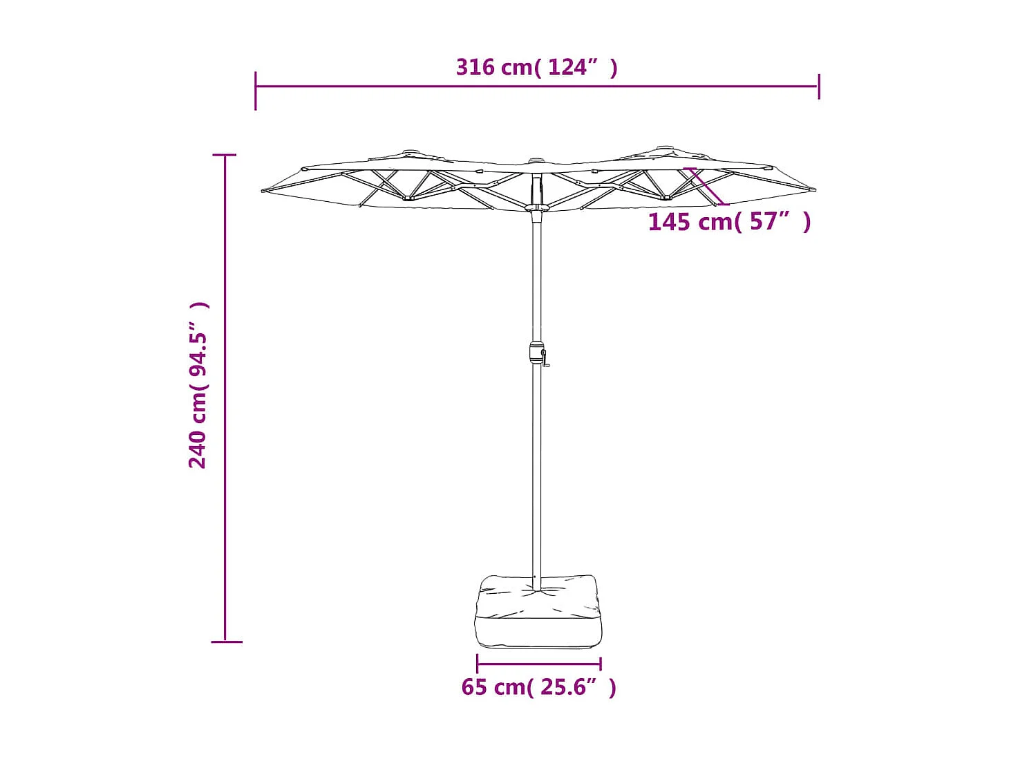 Parasol de jardin à double tête noir 316x145 cm