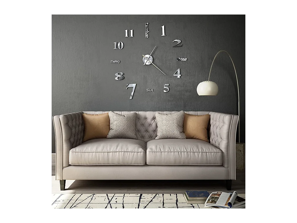 Reloj de pared 3D Diseño moderno 100 cm XXL Plata