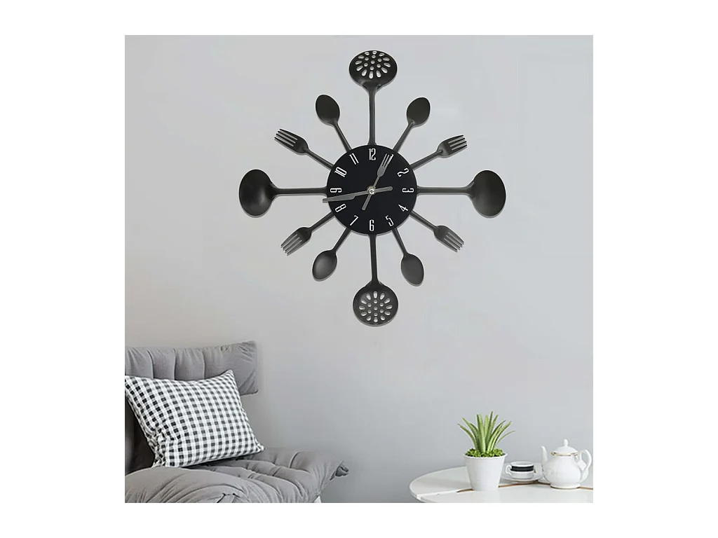 Horloge murale et cuillère avec fourchette Noir 40 cm Aluminium