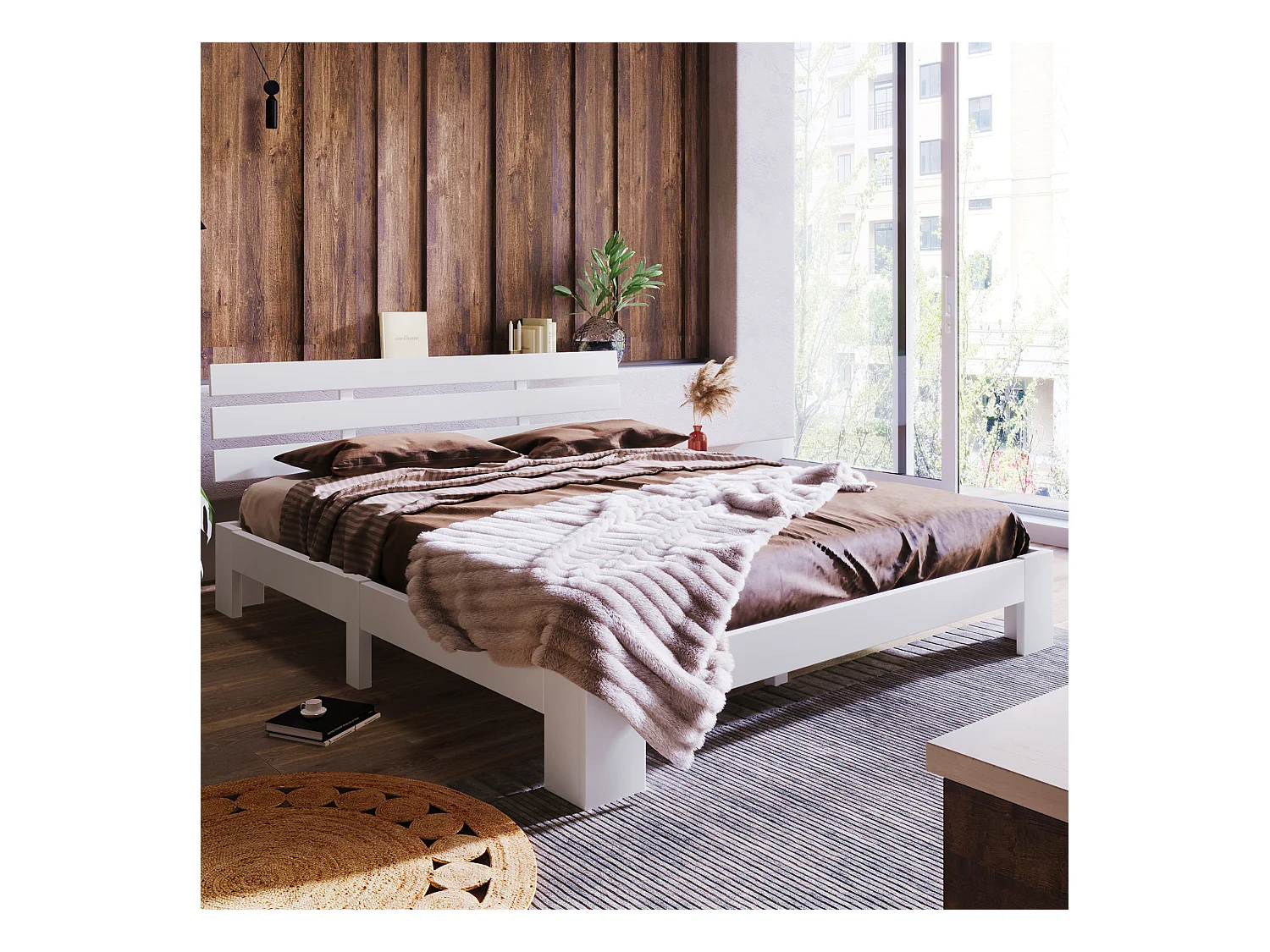 Letto matrimoniale in legno massello con testiera, pino bianco, design rustico e compatto (144x210x67,5cm)